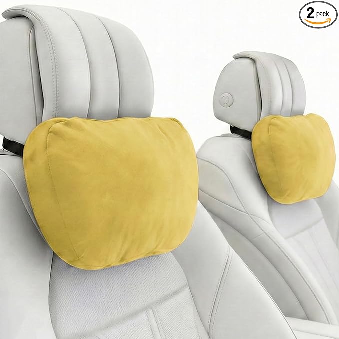 2PCS Car Pillow for Car Neck Pillow for Driving Seat Neck Support Soft Cushion Back Support Head-Rests for Vehicle Sleeping with Elastic Adjustment Strap (Golden, Head)