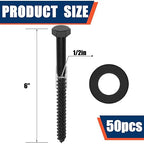 Tandefio 50 Pack 1/2''x 6'' Ceramic Black Lag Screw Kit with Washers Hex Lag Bolts Wood Screws Heavy Duty Ruspert Coating Hot Dip Galvanized Double Layer for Wood Decks Fences