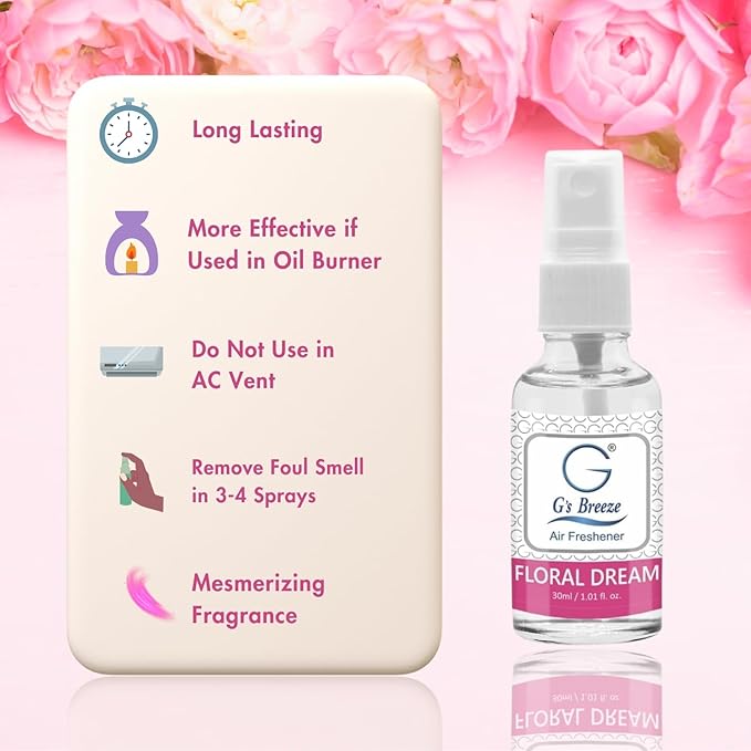 G's Breeze Floral Dream Air Freshener – Luxurious Rose, Lily & Jasmine Blend for Long Lasting Floral Freshness – Ideal Scent for Home, Car & Office – Create a Serene, Elegant and Uplifting Atmosphere