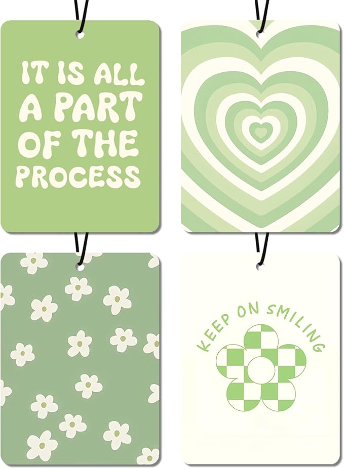 Green Aesthetic Car Air Fresheners - Inspirational Quotes & Floral Designs, Natural Non Toxic Air Freshener, 4 - Pack Ideal Decor & Gift for Positivity Seekers, for Car, Closet & Home