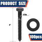 Tandefio 100 Pack 1/2''x 4'' Ceramic Black Lag Screw Kit with Washers Hex Lag Bolts Wood Screws Heavy Duty Hot Dip Galvanized Double Layer for Wood Decks Fences