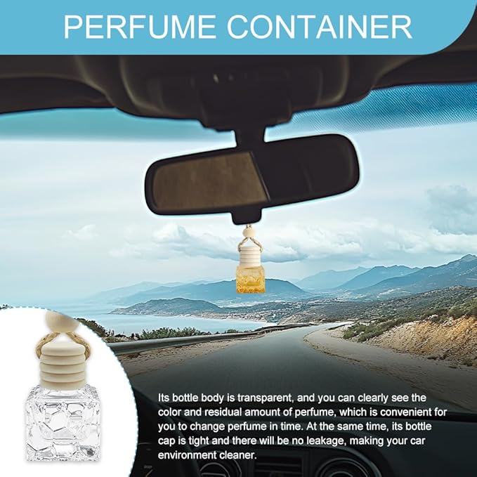 5PCS Hanging Car Air Freshener, Car Air Freshener Diffuser, 8ml Empty Glass Auto Oil Perfume Aromatherapy Diffuser Charms, Refillable Perfume Bottles for Most Vehicles (Water Cube, Style 1)