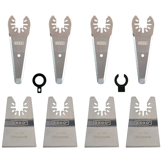 XXGO 8 Pcs Oscillating Tool Scraper Blades to Remove Caulking Adhesive Glue Sealant Paint Foam Glaze for Removal Cutting Cleaning Stripping for Dewalt Milwaukee Ryobi Bosch Dremel Rockwell XG8201