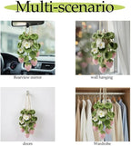 Crochet Car Air Freshener Hanging, Cute Hanging Plant for Cars, Crochet Strawberry Plant with 10ml Empty Refillable Oil Diffuser Bottle, Handmade Boho Car Ornament Charms for Rear View Mirror, Pink