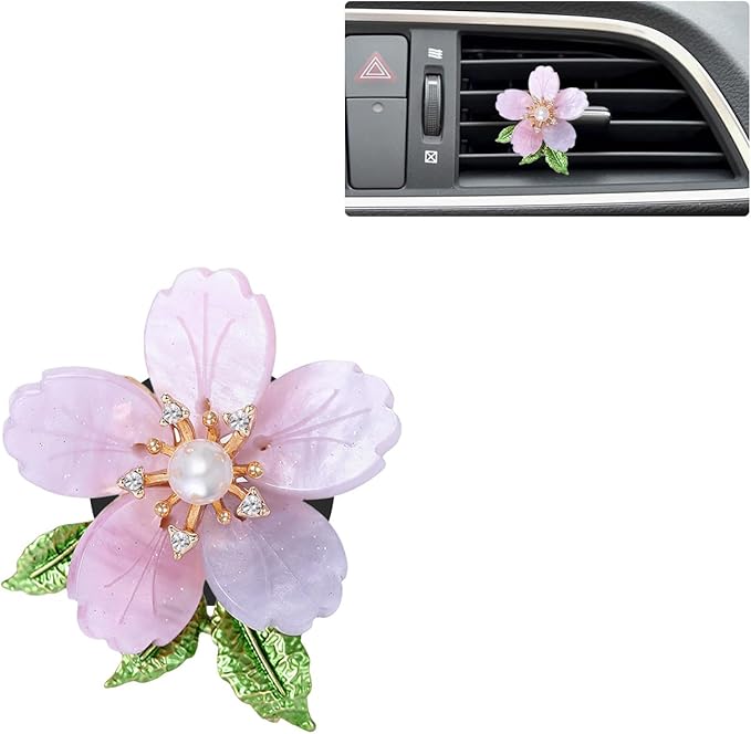Cute Cherry Flowers Car Air Freshener Vent Clips,Girly Pearl Rhinestone Cherry Blossoms Car Accessories for Women, Refillable Clips On Diffuser