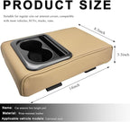Car Center Console Armrest Pillow, 14"×8.3" Waterproof Leather Armrest Box Cover with Cup and Phone Holder, Soft Memory Foam Arm Rest Console Pad Protector for SUV Truck (Beige, Glossy)