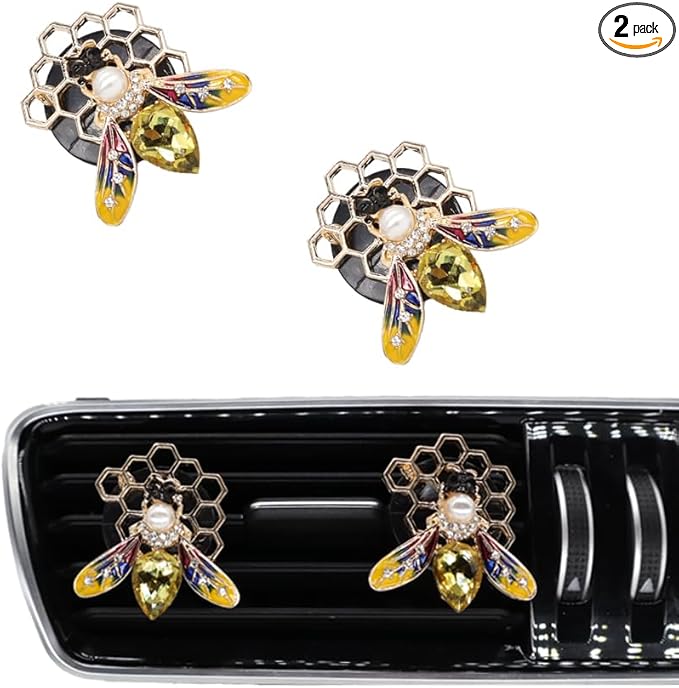Bee Car Accessories,Bling Honey Bee Air Vent Clips Car Air Fresheners,2pcs Yellow Bee with Honeycomb Dashboard Decorations,Cute Decor for Women