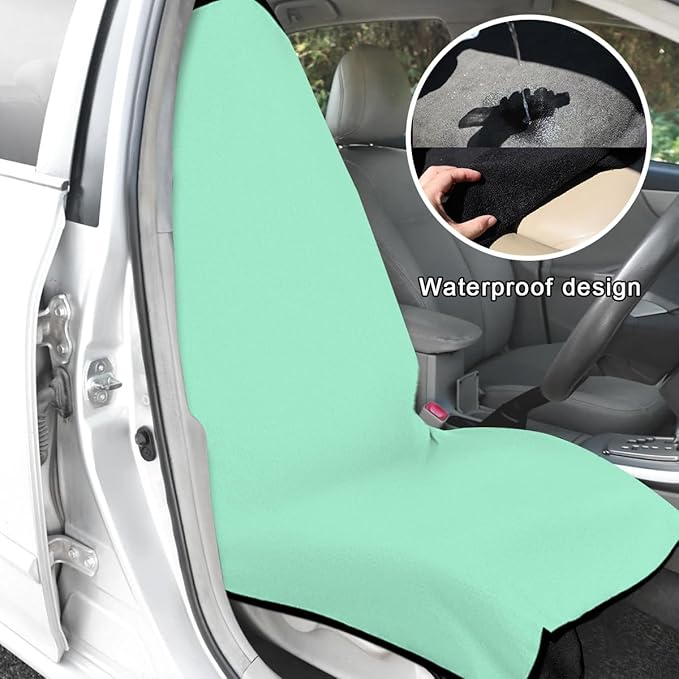 2PCS Car Towel Seat Cover, Waterproof Sweating Non-Slip Premium Soft Towel Carseat Protector, Universal Machine Washable Car Truck SUV Front Seat Cover for Gym Workout Beach Hiking (Mint Green)