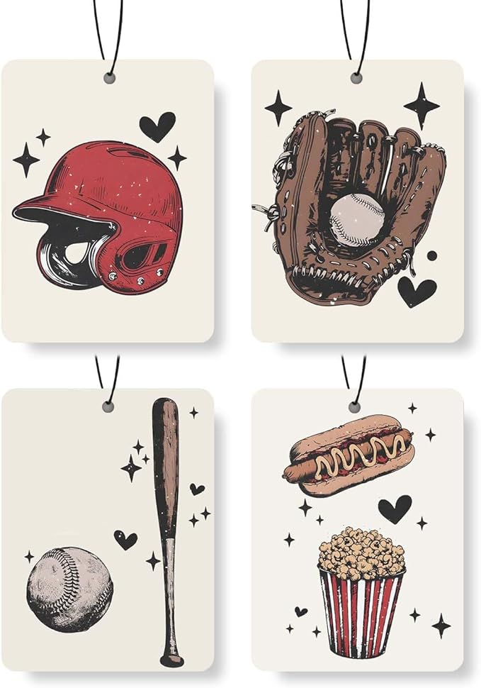Baseball - Themed Car Air Freshener 4 Pcs, Retro Sports & Game Day Hanging Air Freshener for for Cars Closet Drawer Books, Car Accessories Mirror Decor for sports enthusiast.