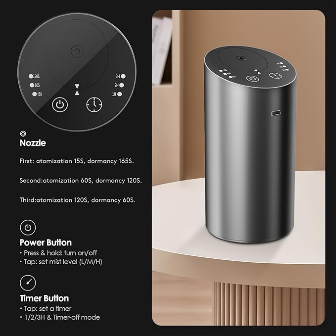 Waterless Car Diffuser, Battery Operated Essential Oil Diffuser with Timer, No Leakage Technology, Super Quiet Cordless Aromatherapy for Car