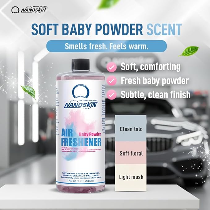 Nanoskin Concentrated Air Freshener – BABY POWDER - Emits Fragrant Scent with Odor Eliminator into The Air to Freshen Interior | Adjustable Dilution up to 9:1 | For Automotive, Home, Office & More