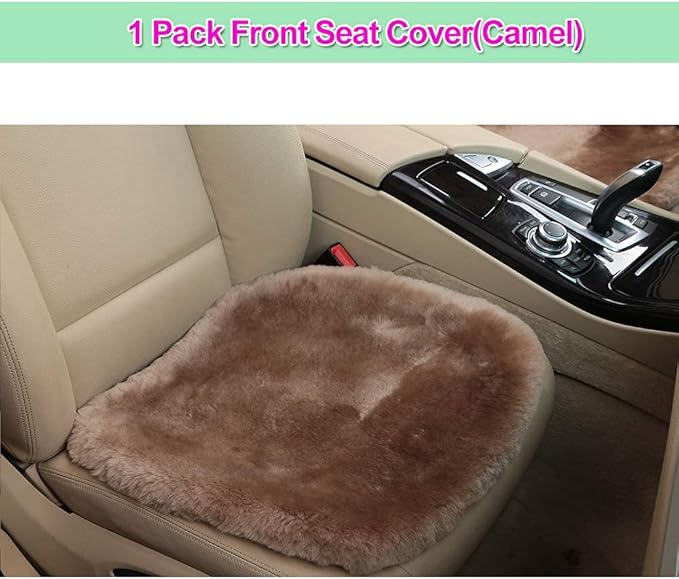 OGLAND 20 inchs Shearling Sheepskin Car Seat Cover, Fluffy Fuzzy Wool Car Seat Covers for Auto Interior Accessories with Soft Eco-Friendly Natural Fur Non-Slip (Camel, Front)