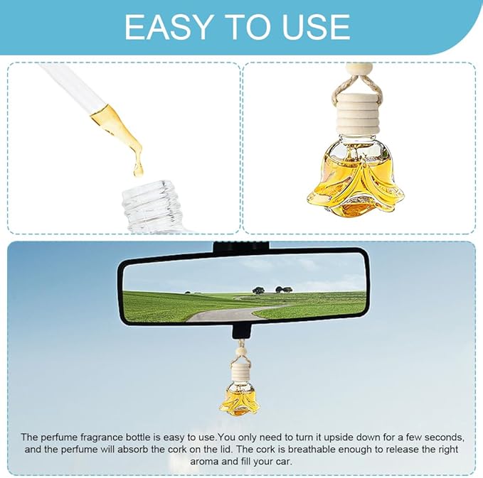 5PCS Hanging Car Air Freshener, Car Air Freshener Diffuser, 8ml Empty Glass Auto Oil Perfume Aromatherapy Diffuser Charms, Refillable Perfume Bottles for Most Vehicles (Rose, Style 1)