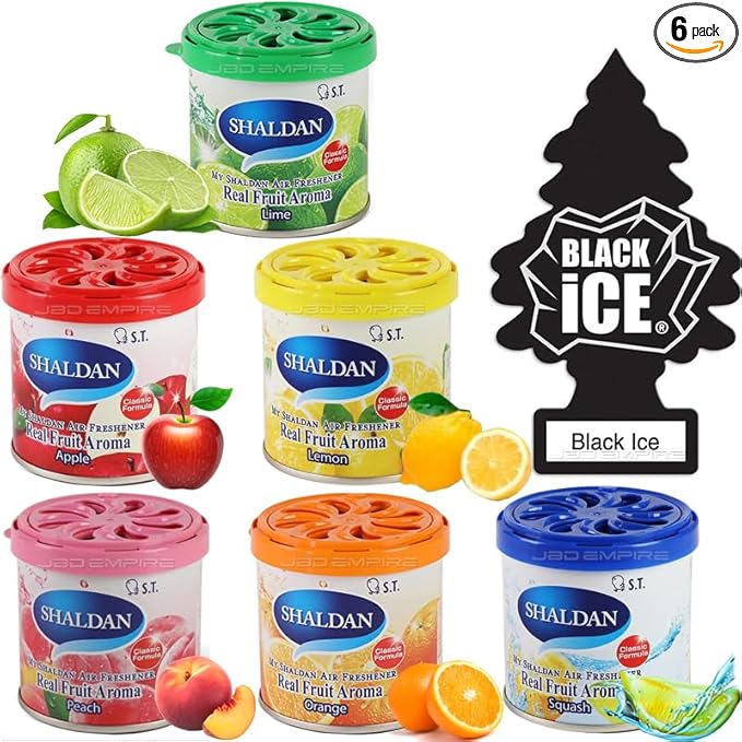 My Shaldan 6 pack Assorted Scent Car Air Freshener (Apple, Lemon, Lime, Peach, Orange, Squash Scents) and Black Ice Little Tree