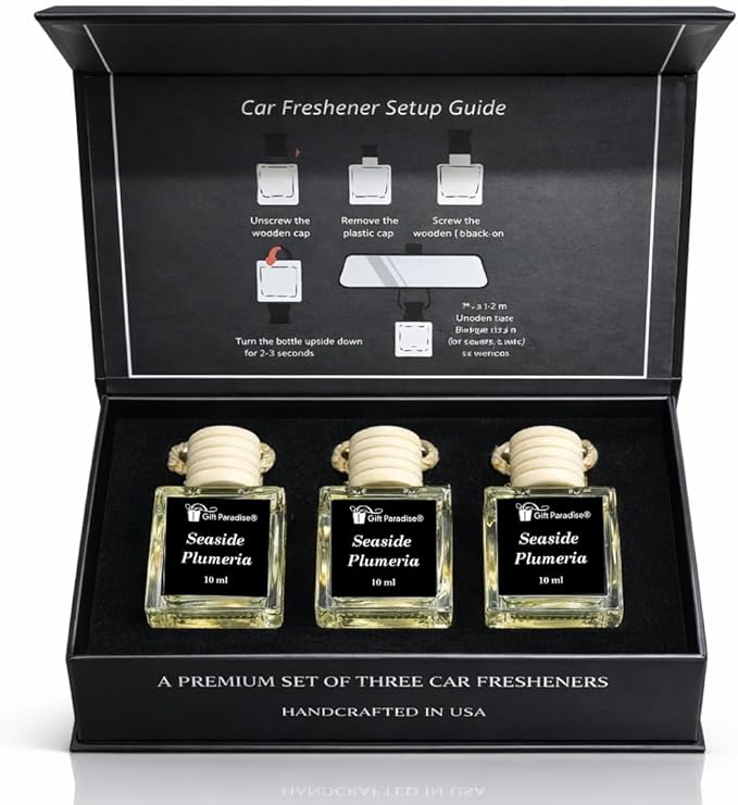 Gift Paradise® Seaside Plumeria Hanging Car Air Freshener Set of 3(10 ml) Fragrance Oil Diffusers with Wooden Cap, Tropical Floral Beach Scent, Long-Lasting for Car, Closet & Office, Magnetic Gift Box
