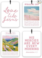 4 Pcs Pink Christian Car Air Fresheners, Bible Verse Hanging Fresheners for Women, Religious Inspirational Decor, Floral Scripture Mirror Fresheners for Car, Closet & Gift Use (Pink Christian)