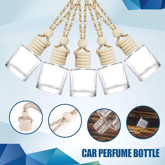 ASUBHA 20 PCS 8ml Hanging Car Air Freshener Diffuser,Empty Clear Glass Essential Diffuser Oil Aromatherapy Fragrance Perfume Pendant Glass Vials with Wooden Caps & Hanging String, Cylindrical