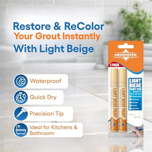 Light Beige Grout Paint Pen Tile Grout Colorant & Sealer Marker, Quick-Dry, Ideal for Bathroom, Shower, Kitchen Tiles Restores Grout Lines, 3 Adjustable Tips (2-3 mm) 2 Pack