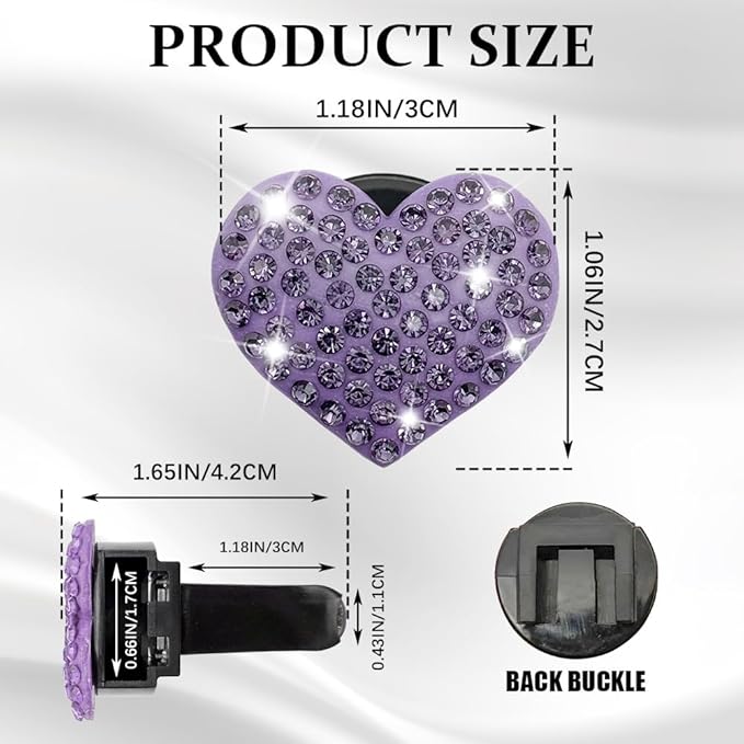 4PCS Heart-Shaped Car Vent Clip with Rhinestone, Vent Clip Car Accessories, Sparkly Rhinestone Bling Diamond Freshener Holder, Air Conditioning Outlet Ornament for Women Girls (Purple, Style1)