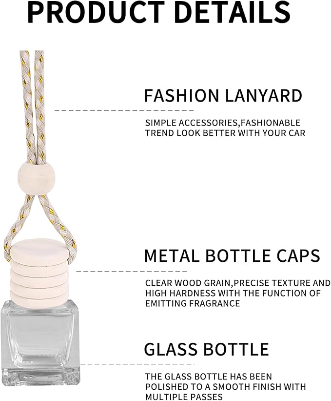 5PCS Hanging Car Air Freshener, Auto Interior Decoration 8 ml Oil Diffuser Perfume Aromatherapy Pendant Empty Glass Bottle, Fragrance Ornament with Vent Clip Wooden Cap and Rope (Square)