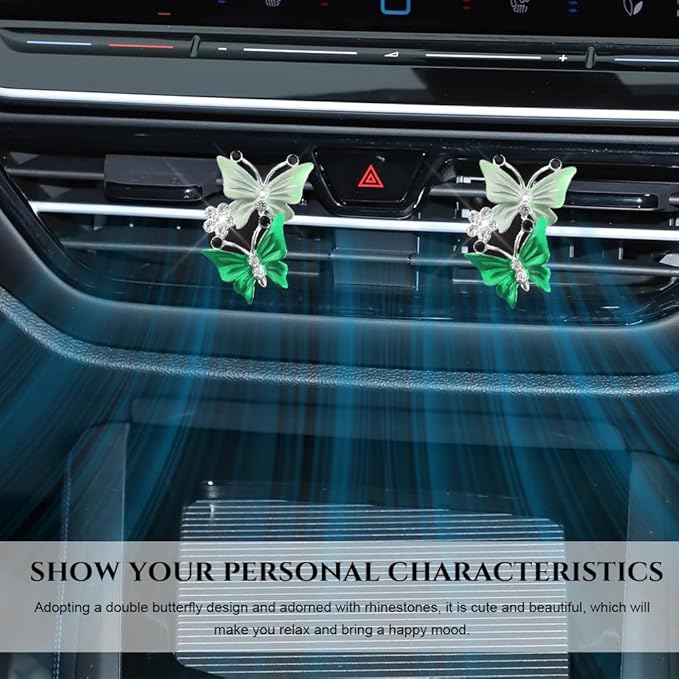 2PCS Car Air Vent Clips, Dual Butterfly Diamond Car Air Conditioner Outlet Vent Clip, Cute Car Diffuser Perfume Clip, Car Air Freshener Decor Accessories for Women Girl (Green, Style 1)
