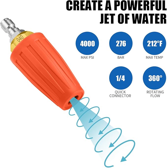 4000 PSI Orange Turbo Nozzle Pressure Washer Tips 1/4" Quick Connect with 7 Power Washer Nozzle Tips Kit Multiple Degrees (0, 15, 25, 40, 65, Rinse1, Soap2) for Car Concrete Brick