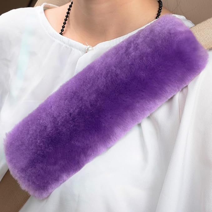 Soft & Cozy Australian Sheepskin Car Seat Belt Covers,2 Pack Fluffy Seatbelt Pads, Genunie Sheepskin Fur Shoulder Straps Cushions for Adults Kids Women and Men (Violet)