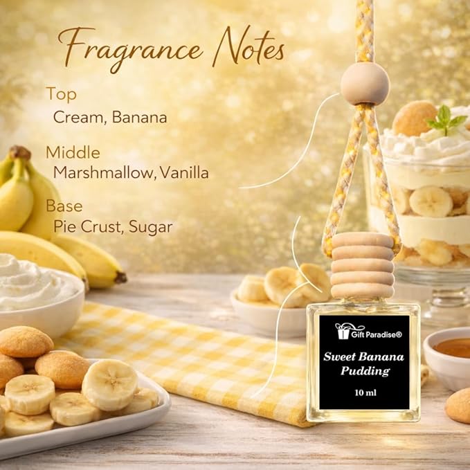 Gift Paradise® Sweet Banana Pudding Car Air Freshener Set of 3 – 10 ml Hanging Diffusers with Wooden Cap – Creamy Banana Vanilla Scent – Long-Lasting – Magnetic Gift Box
