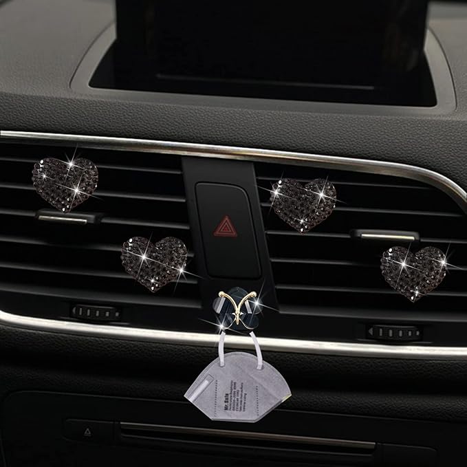 Black Heart Air Vent Clips, 4 Pcs Bling Heart Air Fresheners Vents Clips Diamond Car Interior Decor Charm Cute Car Accessories + Cute Butterfly Mask Hook