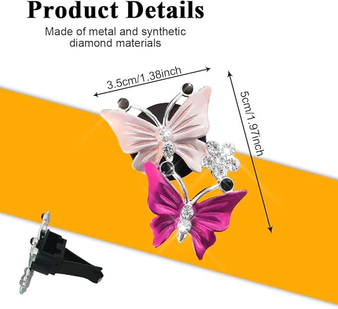 4PCS Car Air Fresheners Vent Clips, Butterfly Car Accessories, Sparkly Bling Dual Butterfly Auto Air Vent Clips, Automotive Cute Air Conditioning Outlet Decoration Universal for Women Girl