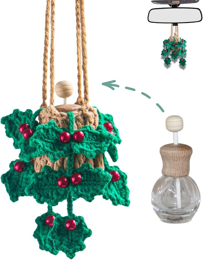 Handmade Crochet Car Air Freshener - Crochet hanging holly plants with 12ml Empty Refillable Oil Diffuser Bottle, Green Car Accessory for Mirror Decor and Home Decor