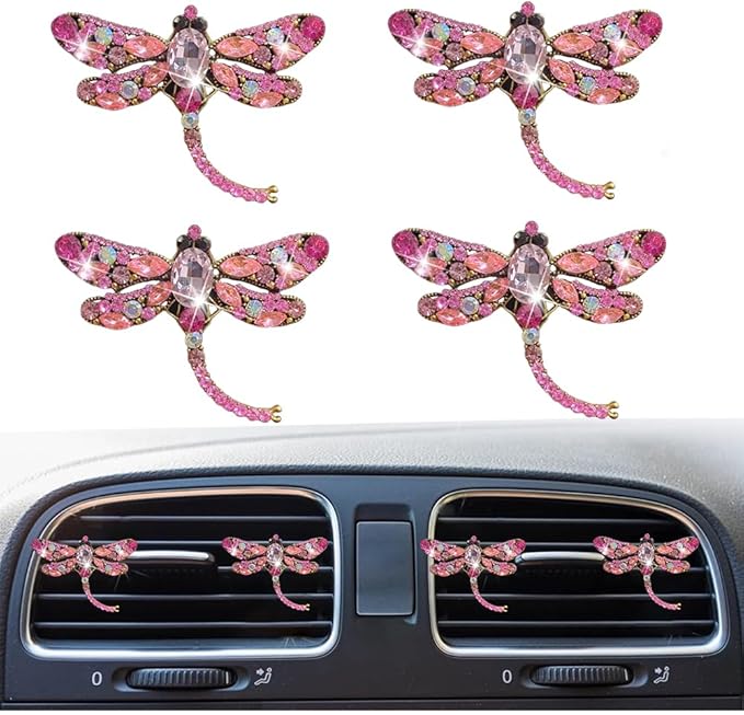 4Pcs Bling Rhinestone Crystal Dragonfly Air Freshener Vent Clips,Cute Car Air Fresheners Vent Clips Accessories,Refillable Car Diffuser, Glamorous Auto Decor (Pink)