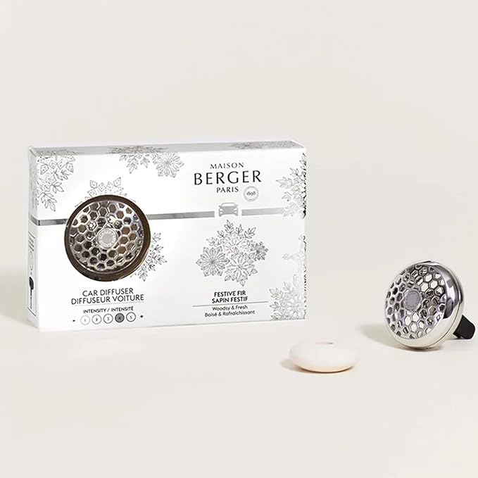 Maison Berger Car Diffuser Set – Refillable Vent Clip, Ceramic Refill, Made in France - Luxury Auto Scent - 4-Week Diffusion - Elegant Air Freshener for All Car Vents (Festive Fir)