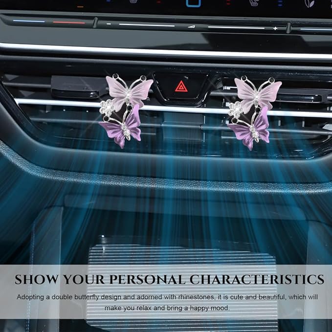 2PCS Car Air Vent Clips, Dual Butterfly Diamond Car Air Conditioner Outlet Vent Clip, Cute Car Diffuser Perfume Clip, Car Air Freshener Decor Accessories for Women Girl (Purple, Style 1)