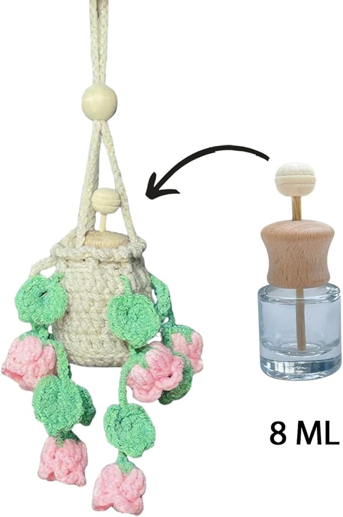 Handmade Crochet Hanging Essential Oil Diffuser Plant for Car Air Freshener | Cute Décor Knitted Succulent Fresheners for Refillable Scent Oils Holder Deffusers (Bellflower)