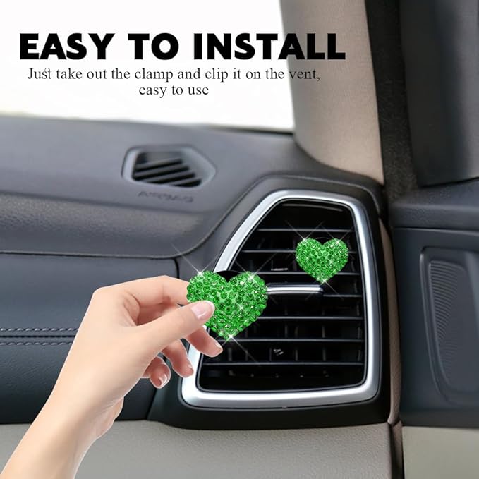 4PCS Bling Heart Air Vent Clips, Car Air Freshener for Women, Air Fresheners Diffuser Clip Charm, Car Air Conditioning Outlet Clip Decorative Accessory for Women Girls (Green, Style1)