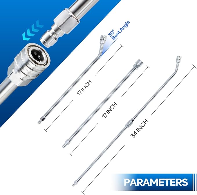 Pressure Washer Extension Wand, Power Washer Wand Extension, Stainless Steel Lance 1/4 Inch Quick Connect to M22, 17 Inch Extension Wand and 30 Degree Curved Angled Extension Wand, 2 Pack