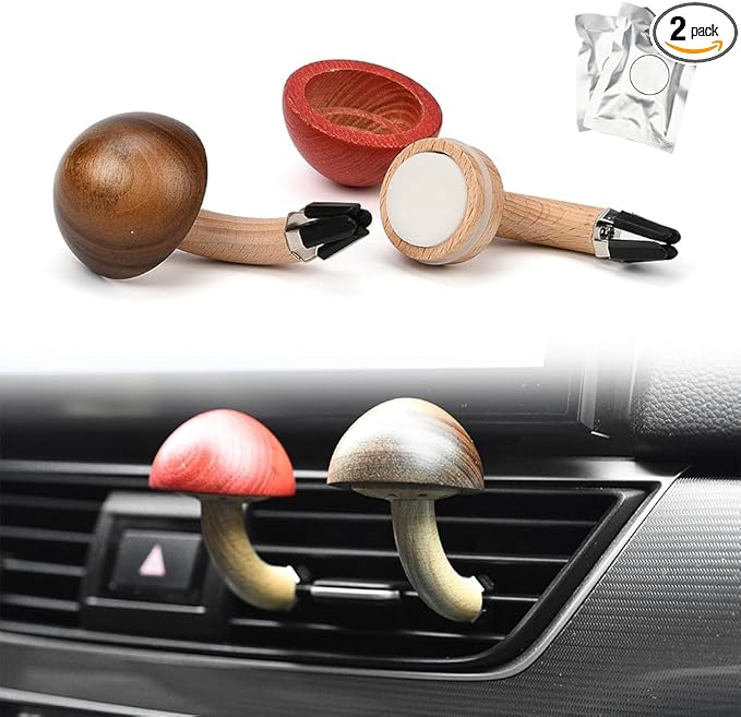 JSCARLIFE Natural Wood Mushroom Car Air Freshener for Air Vent - Premium Ash Wood & Black Walnut, Natural Scents (Lemon/Lavender/Vanilla), 2PCS Set - Chemical-Free, Long-Lasting Fragrance