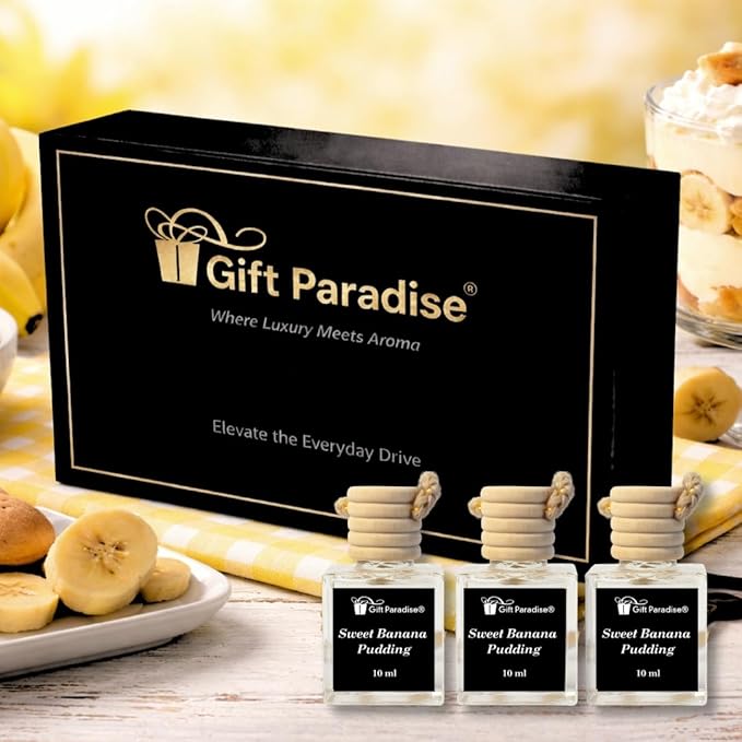 Gift Paradise® Sweet Banana Pudding Car Air Freshener Set of 3 – 10 ml Hanging Diffusers with Wooden Cap – Creamy Banana Vanilla Scent – Long-Lasting – Magnetic Gift Box