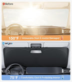 Wigoo 2025 Upgrade Car Windshield Sun Shade [100% Light Block, 4th-Gen Cooling Tech] Foldable Heat Insulation Interior Sun Visor with Storage Bag for Bus/Hatchback/RV (3XL (102"x51")
