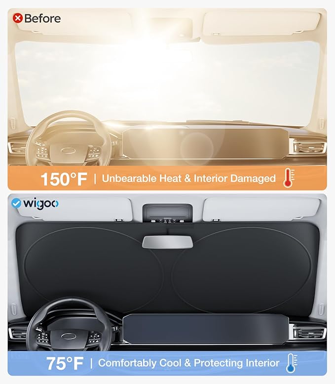 Wigoo 2025 Upgrade Car Windshield Sun Shade [100% Light Block, 4th-Gen Cooling Tech] Foldable Heat Insulation Interior Sun Visor with Storage Bag for Bus/Hatchback/RV (3XL (102"x51")