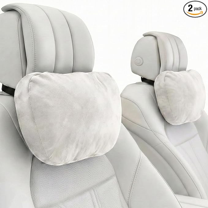 2PCS Car Pillow for Car Neck Pillow for Driving Seat Neck Support Soft Cushion Back Support Head-Rests for Vehicle Sleeping with Elastic Adjustment Strap (Beige, Head)