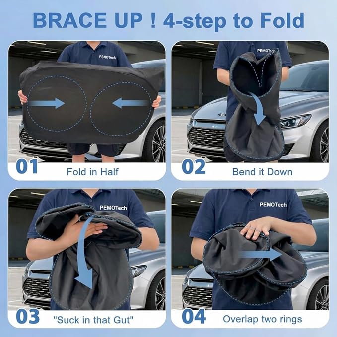 PEMOTech Windshield Sun Shade with Storage Pouch, Thickened Titanium Silver Coating Overlapping Car Window Shades, Blocks 99% Rays & Keeps Interior Cool, Rear View Mirror Compatible(59x31 inches)