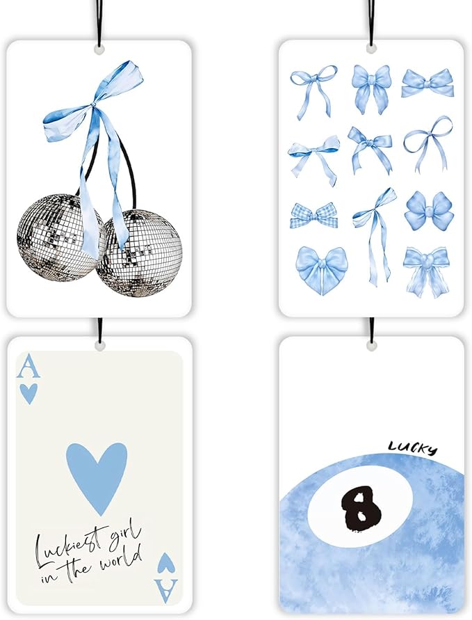 Blue Coquette Preppy Lavender Car Air Freshener 4 Pcs, Girly Bow Disco Ball Poker 8 Ball Air Freshener Hanging Decor for Cars Closet Drawer Books, Cute Accessories Gifts for Women Girls