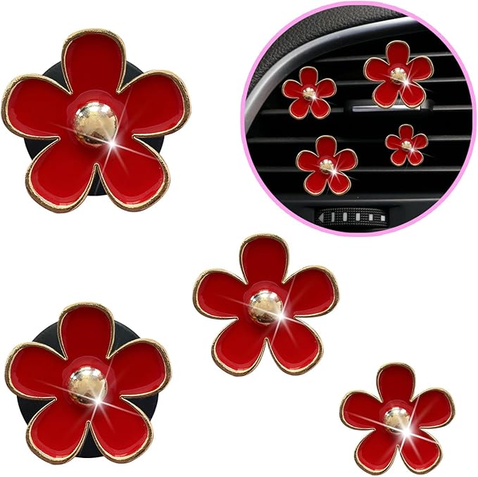 4Pcs Car Accessories Daisy Flowers Cars Air Freshener Vent Clips,4 Sizes Cute Car Flowers,Clips,Girly Women Flowers Cars Accessories,Refillable,Diffuser Air Fresheners Accessories (Red)