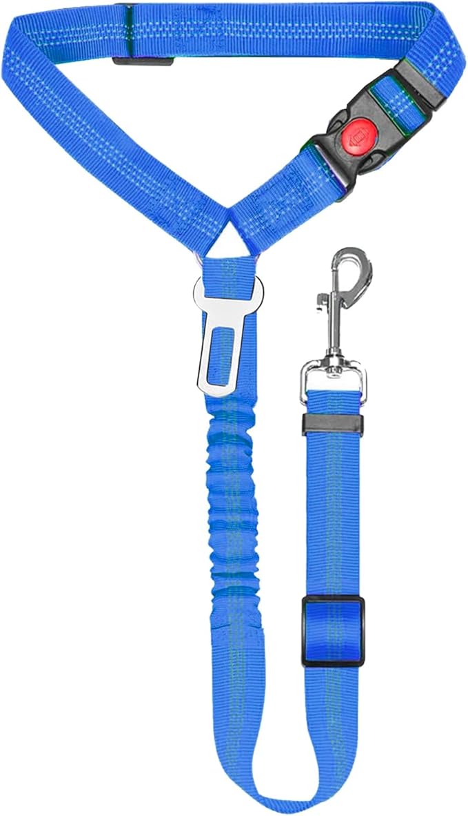 Removable Dog Seat Belt Harness for Car, 3 in 1 Pet Car Seatbelt Leash, Retractable Restraint Secures to Vehicle Headrest & Adjustable Reflective Dog Seatbelt Tether (Deep Blue, 1pcs)