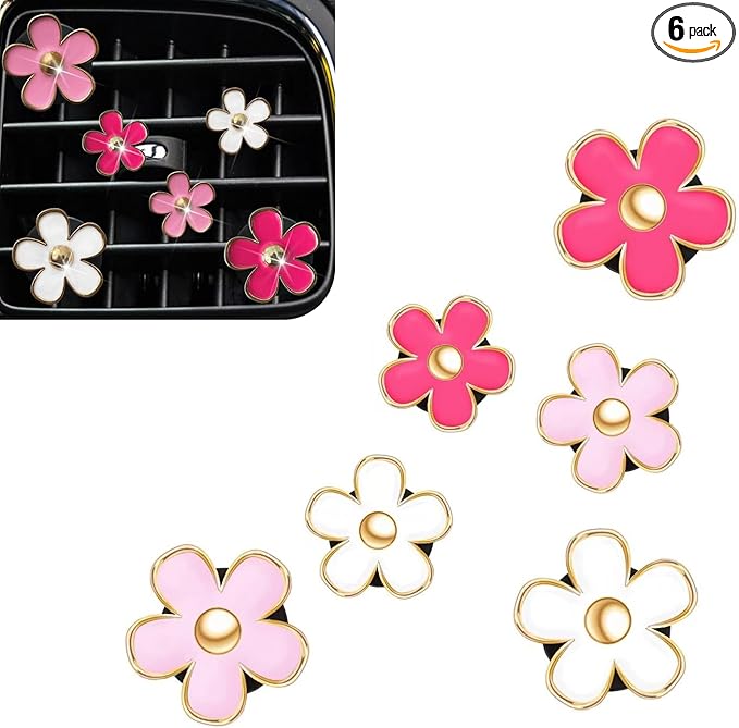 6PCS Car Air Vent Clip, Cute Daisy Air Conditioning Outlet Clip, Car Flower Air Freshener Clip, Auto Interior Decor Accessories for Women and Girls (Rose red-Pink-White, 6PCS)