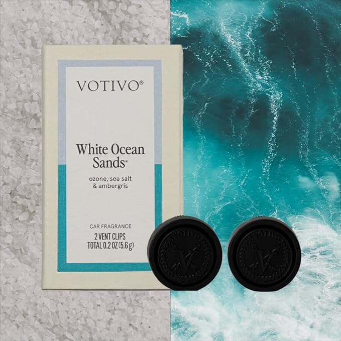Votivo White Ocean Sands Car Fragrance 2-Pack | Auto Vent Clip Car Fresheners | Beach Scent for Vehicle | Provides Long Lasting Premium Scent for Auto