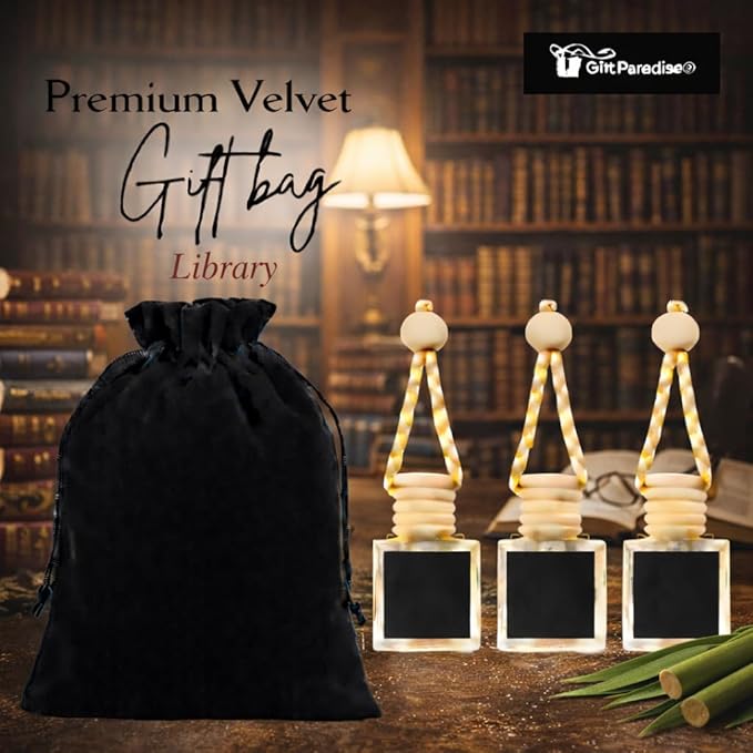 Gift Paradise® Library Hanging Car Air Freshener Set of 3 (10 ml Each) – Cozy Bookish Scent Fragrance Oil Diffuser with Wooden Cap for Car, Closet, Home & Office | Velvet Gift Bag Included