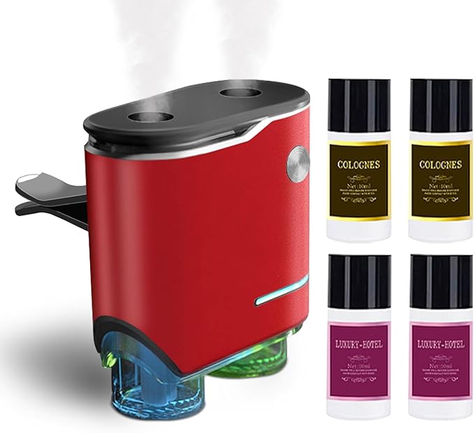Smart Car Air Freshener, Dual-Channel Diffuser, Long-Lasting Scent Air Freshener Three Adjustable Modes, Aromatizante Para Carro With 4pcs Aromatherapy Oil Oils Rechargeable Intelligent Red